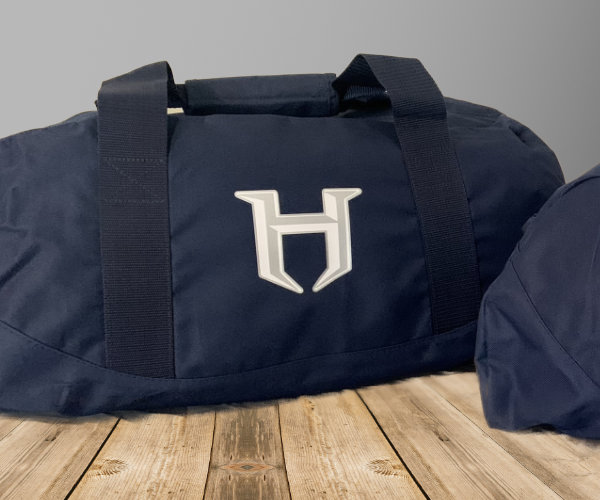 Navy blue duffel bag with custom team logo